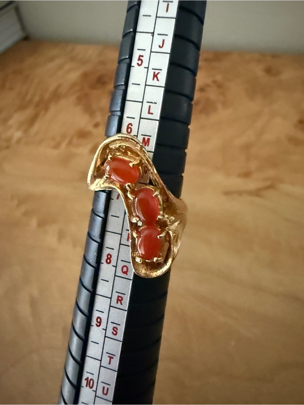 Gold-Tone Ring with Three Coral Cabochons - Women Jewelry Size 7.5
